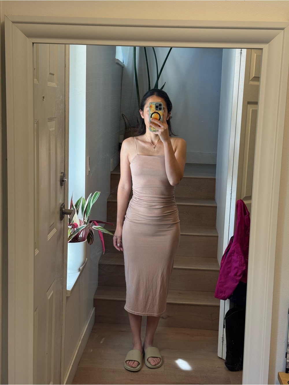Sculpting Nude Midi Slip Dress with Thin Straps